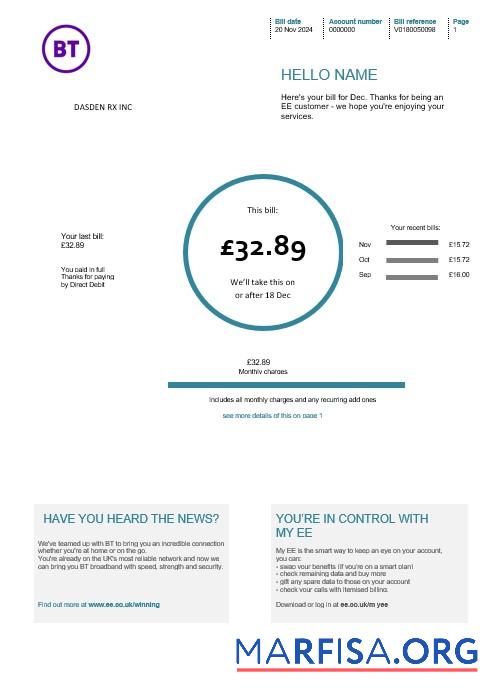 Realistic United Kingdom BT telecommunications business utility bill template