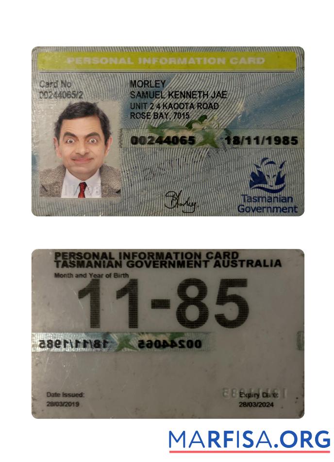 Printable Australia Tasmania Personal Information Card template