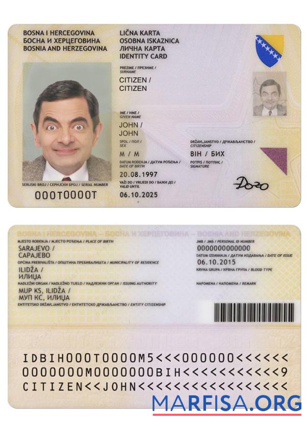 Downloadable Bosnia And Herzegovina ID (2015 2025) template