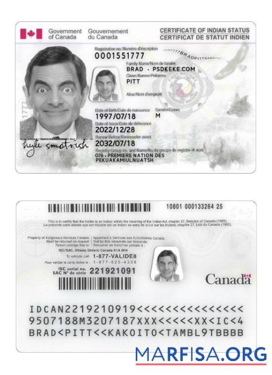 Blank Canada Indian Status ID Card real example