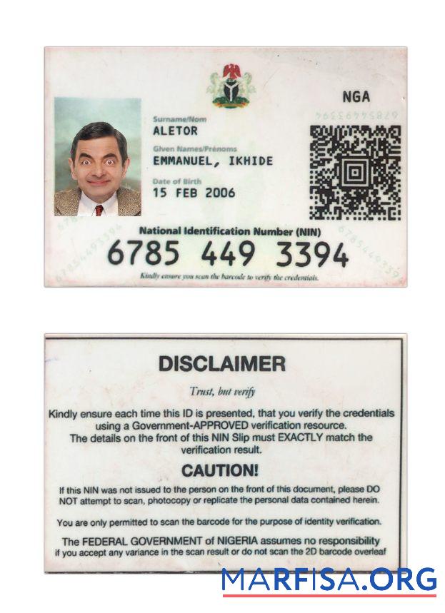Realistic Nigeria National ID Card real example