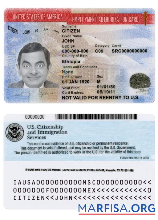 Printable USA Employment Authorization Card Version 2 template