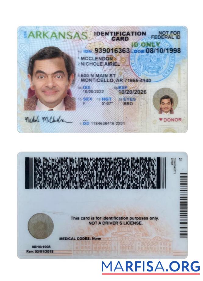 Blank USA Arkansas ID Card download for verification