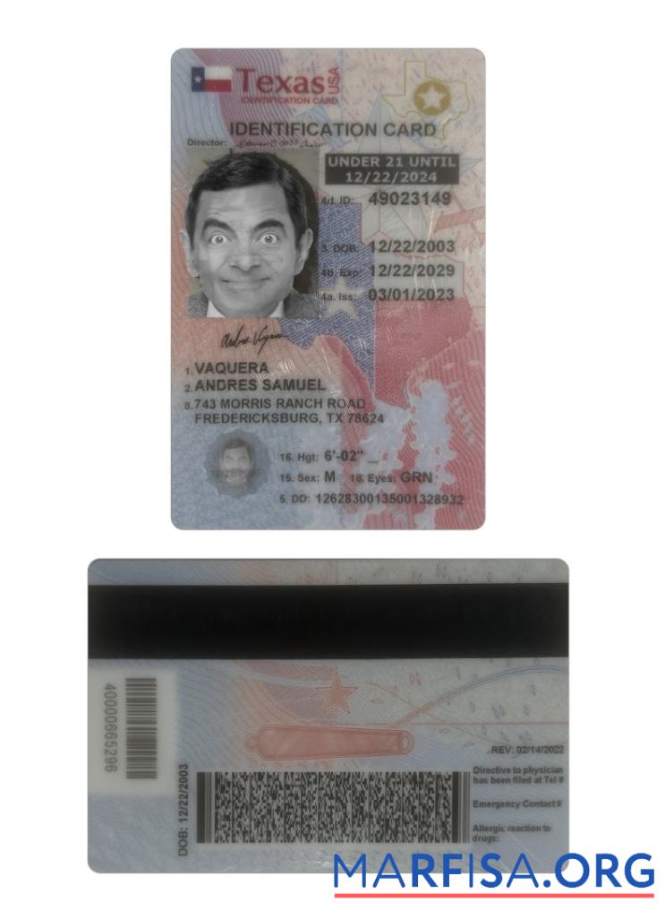 Printable USA Texas Under 21 ID Card real example