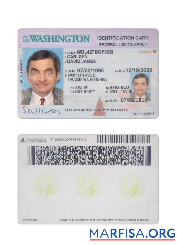 Printable USA Washington ID Card 2020 Present sample