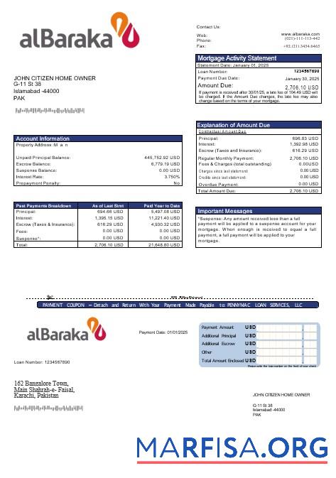 Realistic Pakistan Al Baraka mortgage statement in Word and PDF formats example