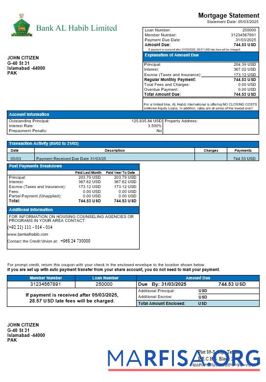 Downloadable Pakistan Bank Al Habib mortgage statement in Word and PDF formats download for verification