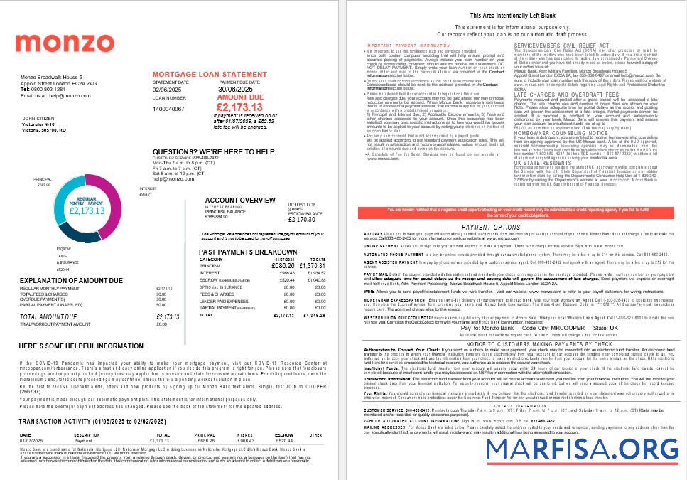 Downloadable UK Monzo Bank mortgage loan statement in Word and PDF formats , example
